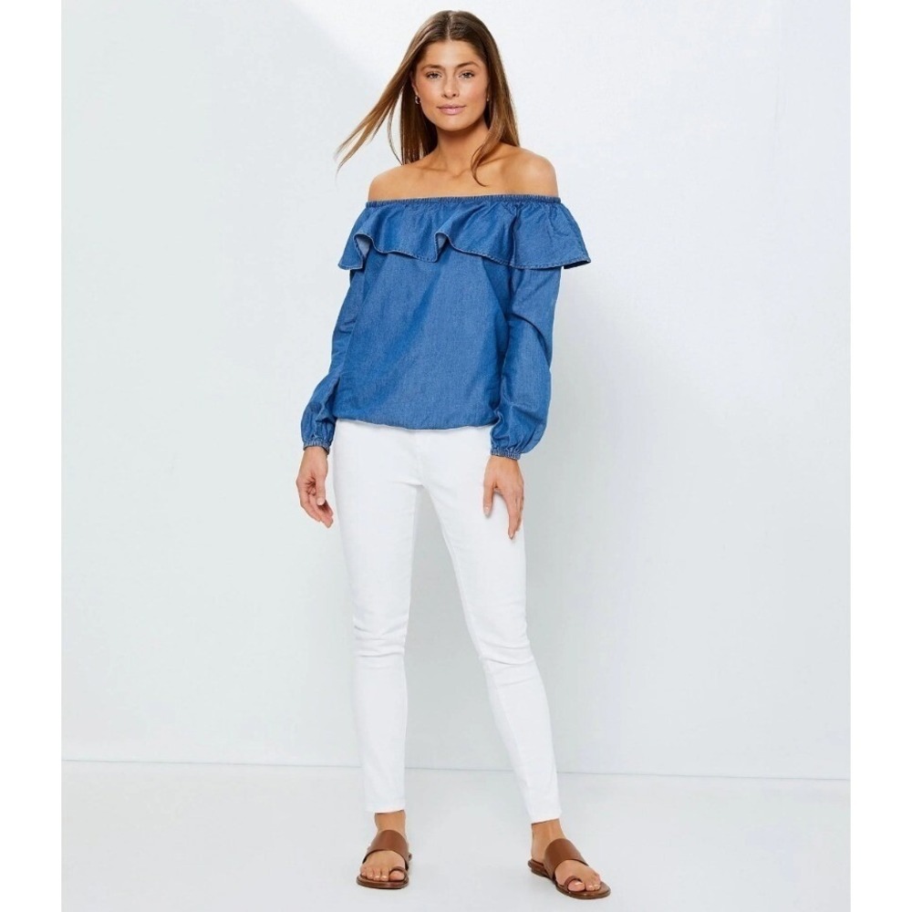 Michael Kors Off Shoulder Ruffle‎ Long Sleeve Top Chambray Blue Size PS NWT $98